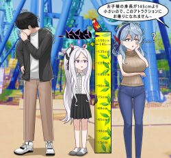 Rule 34 | 1boy, 2girls, absurdres, ahoge, ako (blue archive), alternate costume, amusement park, bird, black hair, black jacket, black skirt, blue archive, blue eyes, blue hair, blue pants, blunt bangs, blurry, breast hold, breasts, brown pants, casual, commentary request, covered horns, demon girl, demon horns, demon wings, denim, depth of field, faceless, faceless male, flat chest, forehead, full body, hair ribbon, hairband, halo, hand on own cheek, hand on own face, height chart, height difference, highres, hina (blue archive), horns, jacket, large breasts, littlefunny, long hair, long sleeves, looking at viewer, multiple girls, open clothes, open jacket, outdoors, pants, parted lips, pleated skirt, ponytail, purple eyes, ribbed sweater, ribbon, roller coaster, sensei (blue archive), shirt, shoes, sidelocks, skirt, sleeveless, sleeveless turtleneck, sneakers, speech bubble, standing, stifled laugh, surprised, sweater, translation request, trembling, turtleneck, wavy hair, white hair, white shirt, wide-eyed, wings