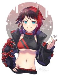 Rule 34 | 1girl, black hair, black jacket, black nails, black pants, black sports bra, blue eyes, blush, breasts, chain, closed mouth, commentary request, cropped jacket, cropped torso, demon girl, demon horns, ear chain, ear piercing, horns, ittokyu, jacket, large breasts, looking at viewer, midriff, multicolored hair, nail polish, nanashi inc., navel, open clothes, open jacket, pants, piercing, pointy ears, red hair, red sports bra, ryugasaki rene, ryugasaki rene (1st costume), short hair, smile, solo, sports bra, sugar lyric, two-tone hair, two-tone sports bra, underboob, upper body, virtual youtuber, white background, zipper