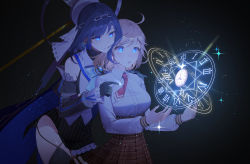Rule 34 | 2girls, absurdres, ahoge, black background, black gloves, black skirt, black thighhighs, blonde hair, blue bow, blue eyes, blue gemstone, blue hair, bow, breasts, brown skirt, chain, chain headband, clock, collared shirt, commentary, cowboy shot, dark, detached sleeves, dress shirt, gem, gloves, glowing, hair intakes, head chain, headpiece, highres, hololive, hololive english, jewelry, light particles, long sleeves, medium breasts, miniskirt, multiple girls, necktie, open mouth, ouro kronii, parted lips, plaid, plaid skirt, pocket watch, red neckwear, roman numeral, seizou hidzuke, shirt, shirt tucked in, short hair, short necktie, skirt, smile, sparkle, striped clothes, striped skirt, thighhighs, thighs, veil, vertical-striped clothes, vertical-striped skirt, virtual youtuber, watch, watson amelia, white shirt, wide-eyed, wing collar