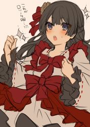 Rule 34 | 1girl, :o, black hair, blue eyes, blush, bow, brown background, frilled sleeves, frills, hands up, japanese clothes, kimono, long hair, long sleeves, nijisanji, open mouth, red bow, ribbon-trimmed sleeves, ribbon trim, shikino yuki, simple background, sketch, solo, sparkle, sweat, teeth, translation request, tsukino mito, upper teeth only, very long hair, virtual youtuber, white kimono, wide sleeves