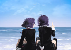 Rule 34 | 10s, 2girls, arm behind back, black legwear, commentary request, day, from behind, horizon, kantai collection, legs together, mayumio88, multiple girls, outdoors, pointing, protected link, purple hair, short hair, sitting, sky, spread legs, tatsuta (kancolle), tenryuu (kancolle), thighhighs, water, wind