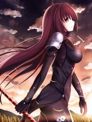 Rule 34 | 1girl, bodysuit, breasts, fate/grand order, fate (series), female focus, from side, large breasts, long hair, polearm, purple bodysuit, purple hair, red eyes, scathach (fate), scathach (fate), sky, solo, weapon, xyomouse