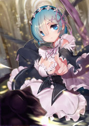 Rule 34 | 10s, 1girl, apron, ball and chain (weapon), blue eyes, blue hair, breasts, chain, cleavage, detached collar, detached sleeves, fingernails, flail, gebijiade 89, hair ornament, hair over one eye, hair ribbon, hairband, highres, large breasts, long fingernails, morning star, motion blur, pointing, pointing at viewer, re:zero kara hajimeru isekai seikatsu, rem (re:zero), ribbon, short hair, solo, spiked ball and chain, waist apron, weapon, wide sleeves, x hair ornament