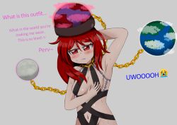 1girl armpits blush breasts chain collarbone hecatia_lapislazuli navel red_eyes red_hair simple_background swimsuit touhou xsmile