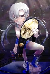 Rule 34 | 1boy, absurdres, belt, blush, boots, championship belt, grin, hair between eyes, highres, long hair, looking at viewer, male focus, nipples, original, shounengoten, silver hair, smile, solo, sweat, trap, twintails, wrestler, wrestling, wrestling outfit, wrestling ring, yellow eyes
