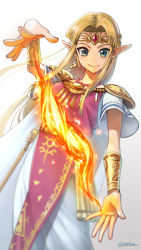 Rule 34 | 1girl, blonde hair, blue eyes, earrings, fire, forehead jewel, highres, jewelry, looking at viewer, magic, necklace, nintendo, otton, parted bangs, pointy ears, princess, princess zelda, short sleeves, sidelocks, simple background, smile, solo, sparkle, super smash bros., the legend of zelda, triforce, vambraces