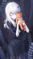 Rule 34 | 1girl, bags under eyes, black bow, black dress, bow, closed mouth, commentary request, dress, emyo, fate/grand order, fate (series), hair between eyes, hair bow, hands up, highres, holding, holding stuffed toy, horns, lavinia whateley (fate), long hair, looking at viewer, polka dot, polka dot bow, purple eyes, short sleeves, single horn, solo, standing, stuffed animal, stuffed toy, teddy bear, white hair, wide-eyed