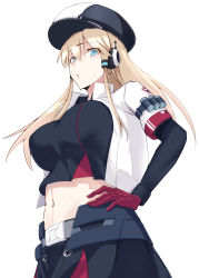 Rule 34 | 1girl, :o, belt, belt buckle, black shirt, blonde hair, blue eyes, blue oath, blush, breasts, buckle, cowboy shot, crop top, cropped jacket, gloves, grey belt, hair between eyes, hair tubes, hand on own hip, head tilt, headphones, highres, jacket, large breasts, long hair, long sleeves, looking at viewer, midriff, navel, oakland (blue oath), omisotu, open clothes, open jacket, red gloves, shirt, sidelocks, simple background, skirt, solo, stomach, sweat, white background, white jacket
