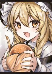 Rule 34 | 1girl, absurdres, black hat, blonde hair, braid, burger, close-up, commentary request, eyes visible through hair, fang, food, frilled hat, frills, hair between eyes, hat, highres, holding, holding burger, holding food, kirisame marisa, letterboxed, light blush, long hair, long sleeves, looking at viewer, noritamaru, open mouth, shirt, sketch, skin fang, smile, solo, strap slip, touhou, upper body, white shirt, yellow eyes
