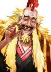 Rule 34 | 1boy, beard, blonde hair, cigar, facial hair, kinjishi no shiki, lack, male focus, mustache, one piece, one piece: strong world, pirate, smile, smoking, solo, standing, striped, white background