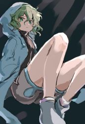 Rule 34 | 1other, androgynous, black shirt, blue coat, blue pupils, blue shorts, closed mouth, coat, commentary request, from below, green eyes, green hair, grey footwear, hair between eyes, hemo (hemoroda), highres, hood, hood up, hooded coat, len&#039;en, long sleeves, open clothes, open coat, shirt, shitodo aoji, shoes, shorts, sketch, solo