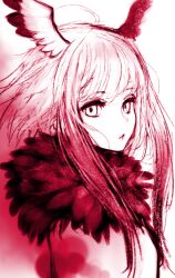 Rule 34 | 1girl, bird girl, bird wings, feathered wings, head wings, ise (0425), jacket, japanese crested ibis (kemono friends), kemono friends, long hair, looking at viewer, multicolored hair, red hair, red jacket, red scarf, scarf, simple background, solo, two-tone hair, upper body, white eyes, white hair, wings