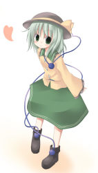 Rule 34 | 1girl, ankle boots, blush, boots, eyebrows, female focus, frills, green hair, hat, heart, komeiji koishi, long sleeves, looking at viewer, nami (cassette), short hair, smile, solo, standing, string, tareme, third eye, touhou