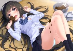 Rule 34 | 1girl, ass, black socks, blue skirt, blush, bow, bowl, bowtie, breasts, brown hair, buttons, candy, chocolate, chocolate heart, fingernails, food, hands up, heart, highres, holding, holding food, knees up, ladle, long hair, long sleeves, looking at viewer, lying, medium breasts, on back, open mouth, original, panties, purple eyes, scan, school uniform, shiny skin, shirt, skirt, socks, solo, thighs, tongue, tongue out, unasaka ryou, underwear