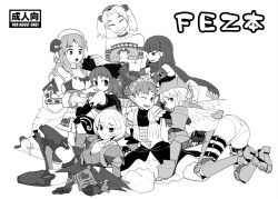 Rule 34 | 6+girls, :d, :o, ^ ^, all fours, blush, bodysuit, closed eyes, corriedale (fantasy earth zero), fantasy earth zero, forgotten artist, full body, greyscale, monochrome, multiple girls, open mouth, short hair, simple background, sitting, skin tight, smile, sss, thigh strap, twintails, white background