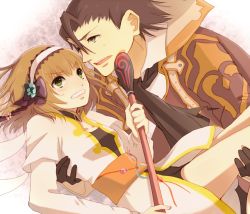 Rule 34 | 1boy, 1girl, alvin (tales), angry, bad id, bad pixiv id, black gloves, bow, brown eyes, brown hair, carrying, clenched teeth, coat, collar, ascot, flower, gloves, green eyes, hairband, leia rolando, princess carry, ribbon, short hair, sweat, tales of (series), tales of xillia, teeth, usamixx, wand