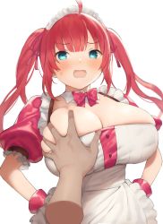 Rule 34 | 1girl, ahoge, apron, azur lane, blue eyes, blush, breasts, cleavage, detached collar, dress, grabbing, grabbing another&#039;s breast, hands on own hips, highres, large breasts, long hair, looking at viewer, nekoshoko, open mouth, pink dress, puffy short sleeves, puffy sleeves, red hair, san diego (azur lane), short sleeves, simple background, solo focus, twintails, white apron, white background