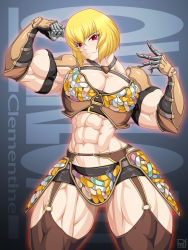 Rule 34 | 1girl, abs, biceps, blonde hair, breasts, cleavage, clementine (overlord), criss-cross halter, extreme muscles, female focus, flexing, gloves, halterneck, highres, muscular, muscular female, navel, overlord (maruyama), red eyes, ren (tainca2000), solo, thighhighs