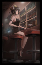 Rule 34 | 1980s (style), 1girl, ar tonelico, ar tonelico i, bar (place), bar stool, bare shoulders, black dress, black hair, blue eyes, bottle, braid, breasts, cameo, casual, choker, cocktail glass, crossover, cup, dress, drink, drinking glass, drum, hair ornament, high heels, highres, instrument, large breasts, long hair, misha arsellec lune, retro artstyle, retro artstyle, shoes, short dress, side slit, sideboob, sitting, solo, spaghetti strap, stool, sunimu, tonari no totoro, totoro, twin braids, yin yang