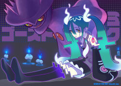 Rule 34 | 1girl, absurdres, aqua hair, bare shoulders, black skirt, black sleeves, black thighhighs, blue fire, candle, character name, colored sclera, commentary, creatures (company), dated, detached arm, detached legs, detached sleeves, english commentary, fire, full body, game freak, gen 4 pokemon, ghost miku (project voltage), glitch, gradient hair, grey shirt, hair between eyes, hatsune miku, highres, long hair, looking at viewer, mismagius, mixed-language commentary, multicolored hair, necktie, nintendo, open mouth, pale skin, pokemon, pokemon (creature), project voltage, red eyes, see-through, see-through skirt, shirt, sitting, skirt, sleeves past fingers, sleeves past wrists, solo, thighhighs, twintails, twitter username, very long hair, vocaloid, white hair, white necktie, will-o&#039;-the-wisp (mythology), yellow eyes, yellow sclera, you8 pen