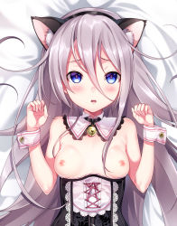 Rule 34 | 1girl, animal ears, bad id, bad pixiv id, bed sheet, bell, neck bell, black hairband, blue eyes, breasts, cat ears, collar, fake animal ears, from above, hair between eyes, hairband, highres, kat (bu-kunn), long hair, looking at viewer, lying, nipples, on back, open mouth, original, silver hair, small breasts, solo, upper body, wrist cuffs