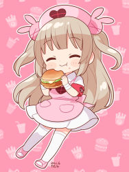 Rule 34 | &gt; &lt;, 1girl, :d, apron, armband, bandaged wrist, bandages, blush, burger, chibi, closed eyes, closed mouth, collared dress, commentary request, dress, eating, facing viewer, fang, food, food on face, fujisawa kamiya, full body, hair ornament, hat, heart, heart print, highres, holding, holding food, light brown hair, long hair, natori sana, nurse cap, open mouth, outline, pink apron, pink background, pink footwear, pink hat, pocket, puffy short sleeves, puffy sleeves, rabbit hair ornament, red armband, sana channel, short sleeves, slippers, smile, solo, standing, thighhighs, two side up, virtual youtuber, white dress, white outline, white thighhighs