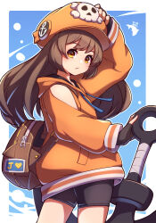 Rule 34 | 1girl, adjusting clothes, adjusting headwear, anchor, bike shorts, black gloves, brown hair, cabbie hat, fingerless gloves, gloves, guilty gear, guilty gear strive, hat, hat ornament, highres, holding, holding anchor, hood, hoodie, long hair, long sleeves, looking at viewer, may (guilty gear), orange hat, orange hoodie, orange shirt, shirt, skull and crossbones, skull hat ornament, solo, umenodo, yellow eyes