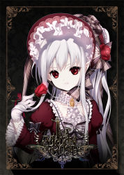 Rule 34 | 1girl, bad id, bad pixiv id, bonnet, dress, fang, fang out, flower, french text, gloves, hat, lolita fashion, long hair, original, pointy ears, red eyes, red flower, red rose, rose, shirahane nao, silver hair, solo, vampire, white gloves