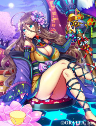Rule 34 | 1girl, ahoge, aqua eyes, ass, blush, breasts, brown hair, cherry, cleavage, closed mouth, company name, copyright request, flower, food, fruit, full moon, hair between eyes, indoors, iroyopon, large breasts, long hair, looking away, lotus, moon, nail polish, red nails, round window, sandals, sitting, smile, solo, very long hair, wavy hair, window