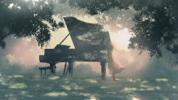 Rule 34 | 1girl, absurdres, arms at sides, barefoot, bob cut, bush, commentary request, dappled sunlight, dress, closed eyes, forest, from side, full body, furi0831, grand piano, highres, instrument, nature, original, piano, piano bench, scenery, short hair, sleeveless, sleeveless dress, sunlight, tagme, tree, white dress, white hair, wide shot
