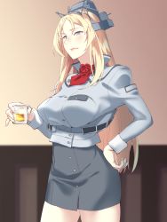 Rule 34 | 1girl, alcohol, ascot, blonde hair, blue eyes, blush, breasts, closed mouth, commentary request, cup, flower, hand on own hip, headgear, highres, holding, holding cup, indoors, kantai collection, large breasts, long hair, long sleeves, military, military uniform, nelson (kancolle), parted bangs, pencil skirt, pink lips, red ascot, red flower, red rose, rose, shingyou (alexander-13), sidelocks, skirt, thighs, underbust, uniform