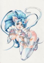 Rule 34 | 1girl, absurdres, animal ears, animal hands, blue hair, body fur, breasts, cat ears, cat girl, cat paws, cat tail, claws, cleavage, closed mouth, commentary, felicia (vampire), full body, highres, large breasts, lips, lipstick, long hair, looking at viewer, makeup, rodrigo yoshimiya, shiny skin, simple background, smile, solo, tail, thighs, vampire (game), white fur