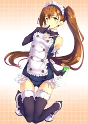 Rule 34 | 1girl, brown hair, detached collar, drink, earrings, elbow gloves, finger to mouth, food, frills, fruit, full body, gloves, jewelry, kanata (kanata onion), kneeling, knees together feet apart, long hair, maid headdress, orange (fruit), original, ponytail, school swimsuit, smile, solo, swimsuit, thigh gap, thighhighs, very long hair