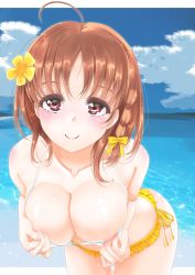 Rule 34 | 10s, 1girl, ahoge, areola slip, bikini, bikini pull, blue sky, blush, body blush, bow, braid, breasts, brown hair, cleavage, clothes pull, collarbone, cowboy shot, day, eyelashes, flower, foreshortening, frapowa, hair bow, hair flower, hair ornament, horizon, large breasts, leaning forward, lips, looking at viewer, love live!, love live! sunshine!!, mismatched bikini, ocean, parted bangs, pulled by self, red eyes, shiny skin, short hair, side braid, sky, solo, sparkle, standing, sweat, swimsuit, takami chika, tareme, thigh gap, water, white bikini, yellow bikini, yellow bow, yellow flower