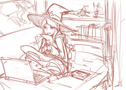 Rule 34 | 10s, 1girl, computer, diana cavendish, drawfag, hat, laptop, little witch academia, monochrome, on bed, panties (pantsu-pirate), sitting, sketch, solo, textless version, witch, witch hat