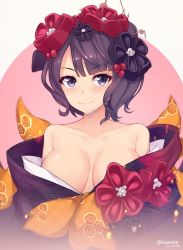 Rule 34 | 1girl, blush, breasts, closed mouth, commentary request, dated, fate/grand order, fate (series), hair ornament, hairpin, japanese clothes, katsushika hokusai (fate), kimono, kuavera, large breasts, looking at viewer, off shoulder, purple eyes, purple hair, purple kimono, short hair, smile, solo, twitter username, upper body