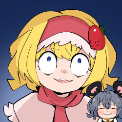 Rule 34 | 2girls, alice margatroid, animal ears, anya&#039;s heh face (meme), blonde hair, blue background, blue eyes, blush, capelet, constricted pupils, cookie (touhou), food-themed hair ornament, gradient background, gram 9, grey hair, grin, hair ornament, hairband, ichigo (cookie), looking at viewer, meme, mouse ears, multiple girls, nazrin, nyon (cookie), open mouth, pink scarf, red hairband, scarf, short hair, smile, spy x family, strawberry hair ornament, touhou, upper body, white capelet