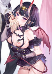 Rule 34 | 1boy, 1girl, armpit crease, bare shoulders, black dress, black gloves, black panties, bob cut, bow, bowtie, breasts, breasts out, buckle, buttons, chest belt, command spell, commentary request, cowboy shot, curtains, demon tail, demon wings, detached sleeves, dress, elbow gloves, eyeliner, fang, fate/grand order, fate (series), frilled dress, frilled sleeves, frills, fujimaru ritsuka (male), gloves, groin, headpiece, hetero, highres, hikimayu, holding hands, holding own tail, horns, kaguyuzu, kiss, kissing hand, looking at viewer, makeup, micro panties, mini bowtie, nipples, oni, out of frame, panties, parted lips, pointy ears, purple bow, purple bowtie, purple eyes, purple hair, red eyeliner, red tail, red wings, short dress, short eyebrows, short hair, short sleeves, shuten douji (fate), sidelocks, simple background, skin-covered horns, small breasts, smile, solo focus, string panties, tail, thick eyebrows, thighs, twitter username, underwear, white background, wings, wrist belt