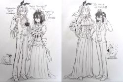 Rule 34 | 2girls, admiral (kancolle), ballpoint pen (medium), bouquet, bride, dress, elbow gloves, flower, folding fan, formal, gloves, gown, graphite (medium), hand fan, height difference, jewelry, kantai collection, mechanical pencil, multiple girls, necklace, neobandle, non-human admiral (kancolle), pencil, rose, shimakaze (kancolle), snake, strapless, strapless dress, suit, tiara, traditional media, translation request, tuxedo, wedding, wedding dress, wife and wife, yukikaze (kancolle), yuri