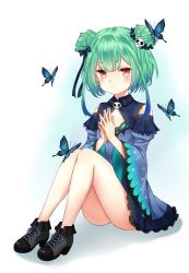 Rule 34 | 1girl, animal print, ass, bad id, bad pixiv id, bare legs, bare shoulders, black footwear, blush, bug, butterfly, butterfly hair ornament, butterfly print, cleavage cutout, closed mouth, clothing cutout, commentary request, detached sleeves, double bun, dress, earrings, flat chest, frills, full body, green hair, hair bun, hair ornament, hands up, highres, hololive, insect, jewelry, knees up, long sleeves, looking at viewer, n15e, own hands together, red eyes, ribbon, short hair, sitting, skull hair ornament, solo, uruha rushia, uruha rushia (1st costume), virtual youtuber, wide sleeves