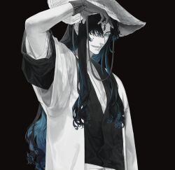 Rule 34 | 1boy, arm up, black hair, black kimono, bleach, blue eyes, blue hair, brown background, collarbone, commentary, hat, highres, japanese clothes, kimono, long hair, looking at viewer, multicolored hair, outogawa furuoki, pale skin, short sleeves, simple background, streaked hair, upper body, very long hair, white headwear, wide sleeves, ze (k4onozeda04)