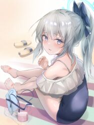 Rule 34 | 1girl, absurdres, barefoot, blue archive, blue bow, blue eyes, blue halo, blue one-piece swimsuit, blush, bow, casual one-piece swimsuit, commentary request, frilled one-piece swimsuit, frills, full body, grey hair, hair bow, halo, highres, long hair, looking at viewer, looking back, miyako (blue archive), miyako (swimsuit) (blue archive), nanahoshi teru, off-shoulder one-piece swimsuit, off shoulder, official alternate costume, one-piece swimsuit, parted lips, ponytail, sandals, unworn sandals, scratches, sidelocks, sitting, solo, swimsuit, two-tone one-piece swimsuit