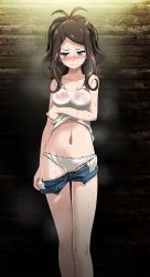 Rule 34 | 1girl, antenna hair, aqua eyes, arm under breasts, bare arms, bare legs, blue shorts, blush, breasts, brown hair, clothes lift, clothes pull, collarbone, creatures (company), crying, crying with eyes open, empty eyes, female focus, game freak, hair tie, highres, hilda (pokemon), lifting own clothes, long hair, looking at viewer, medium breasts, nail polish, navel, nintendo, panties, pokemon, pokemon bw, ponytail, shirt, shirt lift, short shorts, shorts, shorts pull, sidelocks, sleeveless, solo, sweat, sweatdrop, tank top, tears, tsukishiro saika, underwear, wet, wet clothes, wet shirt, white panties, white tank top