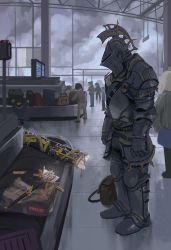 Rule 34 | absurdres, airport, armor, bag, billowypillow, broken, broken weapon, chain, cloud, cloudy sky, conveyor belt, from behind, from side, full armor, grey sky, helmet, highres, indoors, knight, luggage, original, overcast, package, sheath, sky, sparks, strap, sword, tape, terminal, truth, weapon
