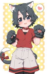 Rule 34 | 1girl, :d, animal ear fluff, animal ears, animal hands, black hair, black pantyhose, blue eyes, blush, border, breasts, cat ears, cat tail, collar, commentary, gloves, gradient background, grey shorts, hair between eyes, hands up, head tilt, heart, highres, kaban (kemono friends), kemono friends, kemonomimi mode, looking at viewer, no headwear, open mouth, orange background, outside border, pantyhose, paw gloves, polka dot, polka dot background, ransusan, red collar, red ribbon, red shirt, ribbon, shirt, short hair, short sleeves, shorts, simple background, small breasts, smile, solo, spoken heart, tail, tail ornament, tail ribbon, white border