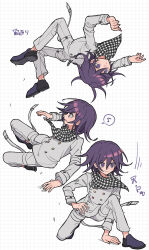 Rule 34 | 1boy, :d, black footwear, buttons, checkered clothes, checkered scarf, danganronpa (series), danganronpa v3: killing harmony, double-breasted, grey jacket, grey pants, highres, jacket, long sleeves, male focus, medium hair, musical note, oma kokichi, open mouth, pants, purple eyes, purple footwear, purple hair, scarf, simple background, smile, speech bubble, spoken musical note, two-tone footwear, white background, xiao (grsnss25)
