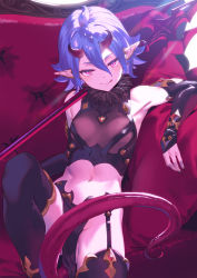 Rule 34 | 1girl, ahoge, bare shoulders, blue hair, blush, breasts, demon girl, demon horns, demon tail, demon wings, detached sleeves, earrings, elbow rest, fingernails, garter straps, gold trim, groin, hair between eyes, highres, holding, holding weapon, horns, jewelry, kinta (distortion), licking lips, long fingernails, long hair, looking at viewer, nail polish, navel, original, pelvic curtain, pink eyes, pointy ears, sharp fingernails, short hair, sidelocks, sitting, small breasts, smile, solo, tail, thighhighs, tongue, tongue out, tsurime, very long fingernails, weapon, wings