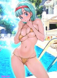 Rule 34 | 1girl, alternate breast size, aqua hair, artist name, bare arms, bare shoulders, bikini, blue eyes, blush, breasts, breasts squeezed together, bulma, cleavage, clenched hands, commentary request, curvy, dragon ball, dragon ball (classic), earrings, hairband, hands on own chest, highres, jewelry, large breasts, looking at viewer, navel, oyaman, parted lips, photo background, red hairband, shiny skin, short hair, solo, standing, stomach, swimsuit, thighs, thong, thong bikini, wide hips