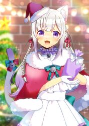 Rule 34 | 1girl, :3, :d, animal ear fluff, animal ears, bell, blue bow, blurry, blurry background, bow, brick wall, capelet, cat ears, cat girl, cat tail, christmas ornaments, christmas tree, commentary request, commission, depth of field, dress, fang, fur-trimmed capelet, fur-trimmed headwear, fur trim, gift, hair bow, hat, holding, holding gift, indie virtual youtuber, jingle bell, kou hiyoyo, looking at viewer, mini hat, mini santa hat, nekome shia, open mouth, pleated dress, purple eyes, red bow, red capelet, red hat, santa hat, skeb commission, smile, solo, star (symbol), tail, tail bell, tail ornament, tilted headwear, virtual youtuber, white dress