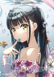 Rule 34 | 1girl, air bubble, bare shoulders, black hair, breasts, bubble, candy, cleavage, commentary request, fish, flower, food, from side, goldfish, index finger raised, kantoku, long hair, looking at viewer, looking to the side, medium breasts, original, parted lips, red flower, solo, twintails, underwater, wristband